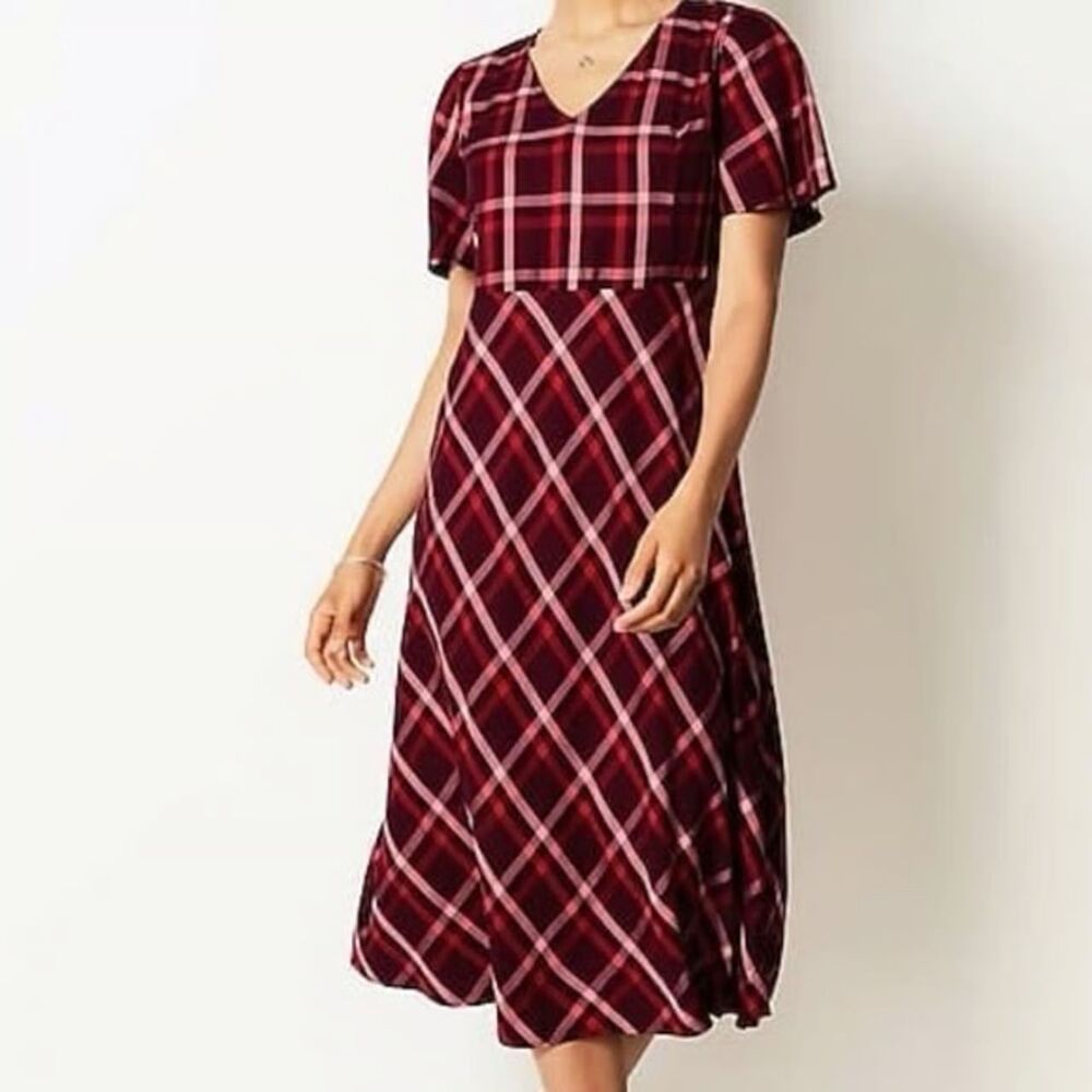 J JILL Red Plaid Bias Cut Midi Dress Feminine Modest Church Holiday SIZE XL
